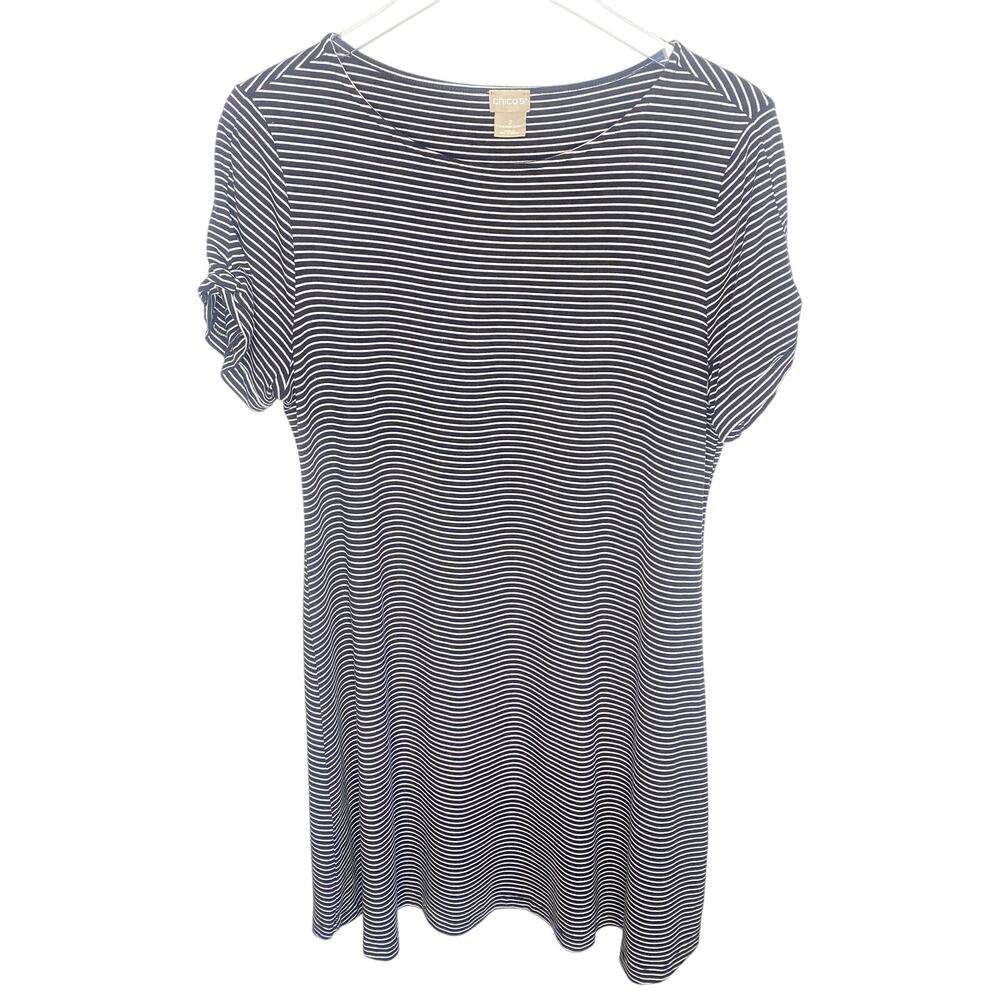 Chico's Size 2 (M) Black White Stripe Scoop Neck Short Sleeve Jersey Knit Dress